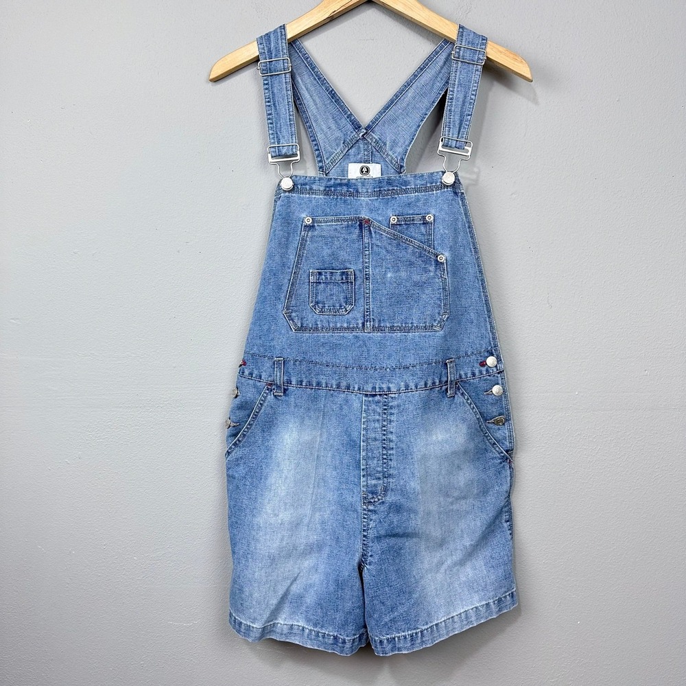 Vintage 90s Arizona Jean Co Womens Size L Denim Overalls Shorts Faded Wash Blue - Picture 1 of 8
